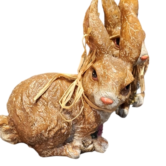 Vintage K's Collection Pair of Brown Easter/Spring Rabbits w/ Raffia Bows - Picture 3 of 4